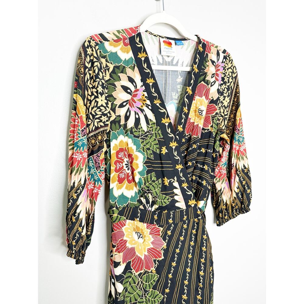 Farm Rio Anthropologie Black Tropical Floral Wrap Maxi Dress Medium - Picture 4 of 9